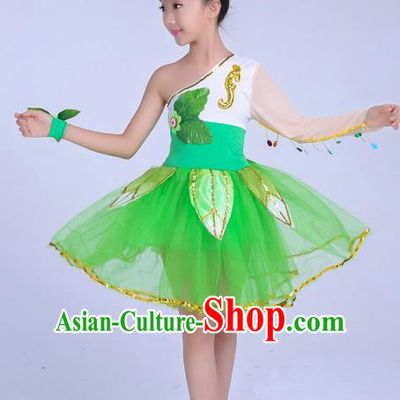 Top Grade Professional Compere Modern Dance Costume, Children Lotus Dance Folk Classical Dance Uniforms Green Dress for Girls