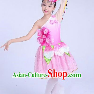 Top Grade Professional Compere Modern Dance Costume, Children Lotus Dance Folk Classical Dance Uniforms Pink Bubble Dress for Girls