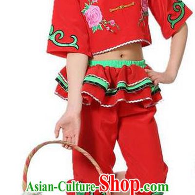 Traditional Chinese Classical Dance Yangge Fan Dancing Costume, Folk Dance Drum Dance Uniform Yangko Red Clothing for Girls