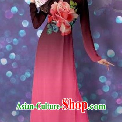 Traditional Top Grade Asian Vietnamese Costumes Classical Printing Cheongsam, Vietnam National Vietnamese Princess Pink Ao Dai Dress Dance Clothing