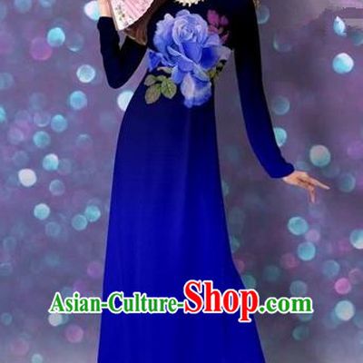 Traditional Top Grade Asian Vietnamese Costumes Classical Printing Cheongsam, Vietnam National Vietnamese Princess Royalblue Ao Dai Dress Dance Clothing