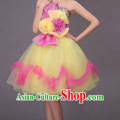 Top Grade Classic Stage Performance Chorus Singing Group Dance Costumes, Chorus Competition Costume, Compere Yellow Bubble Dress for Women