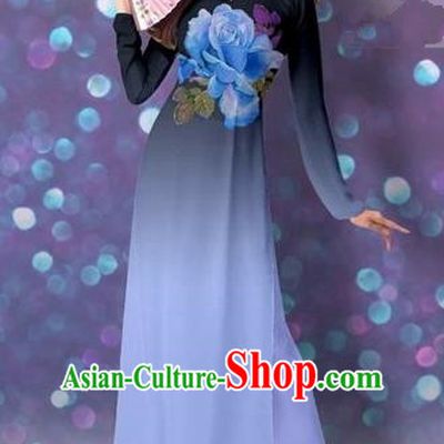 Traditional Top Grade Asian Vietnamese Costumes Classical Printing Cheongsam, Vietnam National Vietnamese Princess Lake Blue Ao Dai Dress Dance Clothing