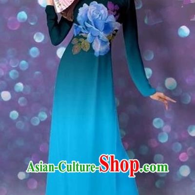 Traditional Top Grade Asian Vietnamese Costumes Classical Printing Cheongsam, Vietnam National Vietnamese Princess Blue Ao Dai Dress Dance Clothing