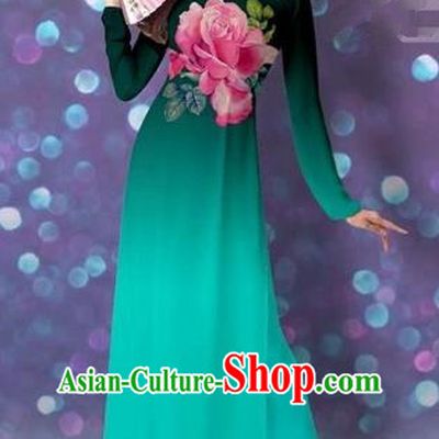 Traditional Top Grade Asian Vietnamese Costumes Classical Printing Cheongsam, Vietnam National Vietnamese Princess Green Ao Dai Dress Dance Clothing