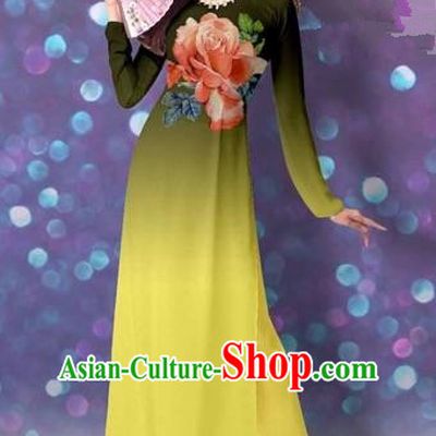 Traditional Top Grade Asian Vietnamese Costumes Classical Printing Cheongsam, Vietnam National Vietnamese Princess Yellow Ao Dai Dress Dance Clothing