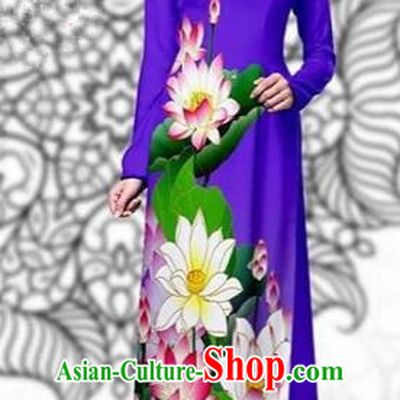 Traditional Top Grade Asian Vietnamese Costumes Classical Printing Lotus Cheongsam, Vietnam National Vietnamese Young Lady Miss Etiquette Purple Ao Dai Dress