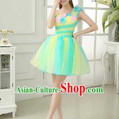 Top Grade Classic Stage Performance Chorus Singing Group Dance Costumes, Chorus Competition Costume, Compere Green Bubble Dress for Women