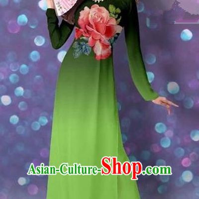 Traditional Top Grade Asian Vietnamese Costumes Classical Printing Cheongsam, Vietnam National Vietnamese Princess Grass Green Ao Dai Dress Dance Clothing