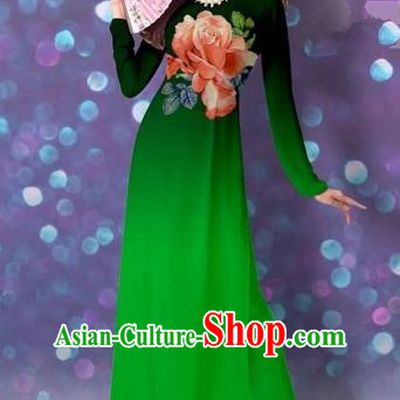 Traditional Top Grade Asian Vietnamese Costumes Classical Printing Cheongsam, Vietnam National Vietnamese Princess Deep Green Ao Dai Dress Dance Clothing