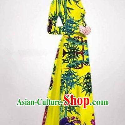 Traditional Top Grade Asian Vietnamese Costumes Classical Printing Bamboo Cheongsam, Vietnam National Vietnamese Princess Bride Ao Dai Dress Dance Clothing