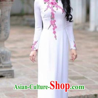 Traditional Top Grade Asian Vietnamese Costumes Classical Printing Cheongsam, Vietnam National Vietnamese Princess Bride White Ao Dai Dress Dance Clothing