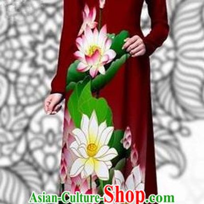 Traditional Top Grade Asian Vietnamese Costumes Classical Printing Lotus Cheongsam, Vietnam National Vietnamese Young Lady Miss Etiquette Purplish Red Ao Dai Dress