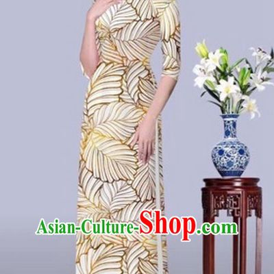 Traditional Top Grade Asian Vietnamese Costumes Classical Printing Leaf Cheongsam, Vietnam National Vietnamese Princess Bride Beige Ao Dai Dress Dance Clothing