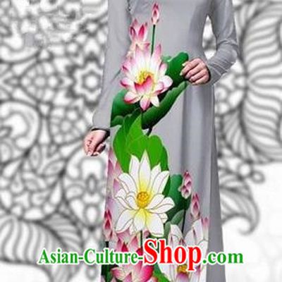 Traditional Top Grade Asian Vietnamese Costumes Classical Printing Lotus Cheongsam, Vietnam National Vietnamese Young Lady Miss Etiquette Grey Ao Dai Dress