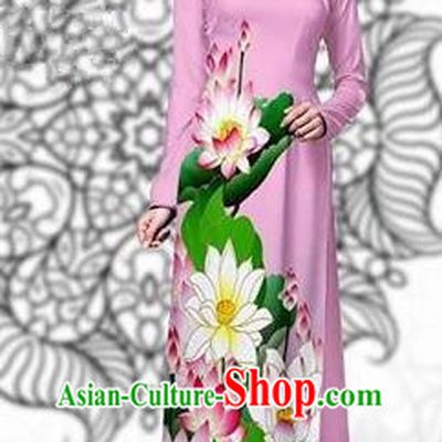 Traditional Top Grade Asian Vietnamese Costumes Classical Printing Lotus Cheongsam, Vietnam National Vietnamese Young Lady Miss Etiquette Pink Ao Dai Dress