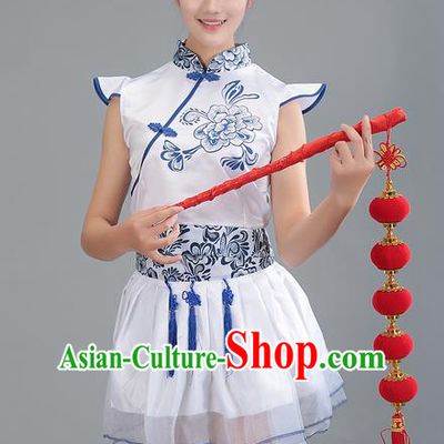 Top Grade Professional Compere Modern Dance Costume, Women Opening Dance Chorus Singing Group Uniforms Blue and White Porcelain Long Dress for Women