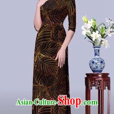 Traditional Top Grade Asian Vietnamese Costumes Classical Printing Leaf Cheongsam, Vietnam National Vietnamese Princess Bride Brown Ao Dai Dress Dance Clothing