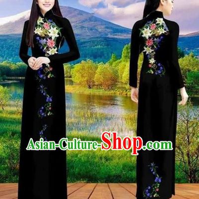 Traditional Top Grade Asian Vietnamese Costumes Classical Double-sided Printing Cheongsam, Vietnam National Vietnamese Princess Bride Black Ao Dai Dress Dance Clothing