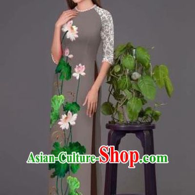 Traditional Top Grade Asian Vietnamese Costumes Classical Printing Lotus Grey Cheongsam, Vietnam National Vietnamese Princess Bride Korean Silk Ao Dai Dress