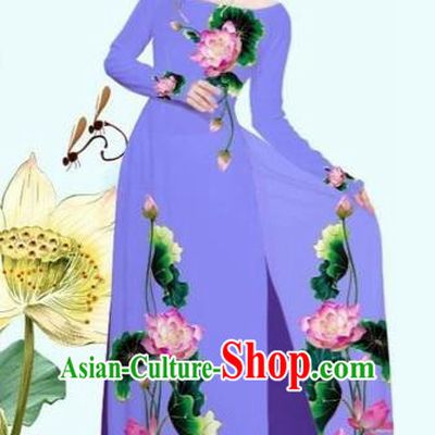 Traditional Top Grade Asian Vietnamese Costumes Classical Printing Lotus Purple Cheongsam, Vietnam National Vietnamese Princess Bride Off Shoulder Ao Dai Dress
