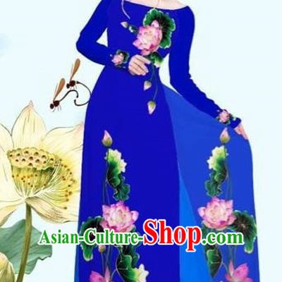 Traditional Top Grade Asian Vietnamese Costumes Classical Printing Lotus Royalblue Cheongsam, Vietnam National Vietnamese Princess Bride Off Shoulder Ao Dai Dress