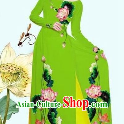 Traditional Top Grade Asian Vietnamese Costumes Classical Printing Lotus Green Cheongsam, Vietnam National Vietnamese Princess Bride Off Shoulder Ao Dai Dress