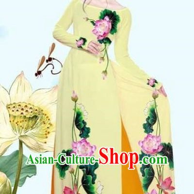 Traditional Top Grade Asian Vietnamese Costumes Classical Printing Lotus Yellow Cheongsam, Vietnam National Vietnamese Princess Bride Off Shoulder Ao Dai Dress