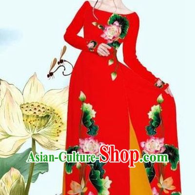 Traditional Top Grade Asian Vietnamese Costumes Classical Printing Lotus Red Cheongsam, Vietnam National Vietnamese Princess Bride Off Shoulder Ao Dai Dress
