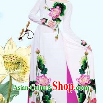 Traditional Top Grade Asian Vietnamese Costumes Classical Printing Lotus White Cheongsam, Vietnam National Vietnamese Princess Bride Off Shoulder Ao Dai Dress