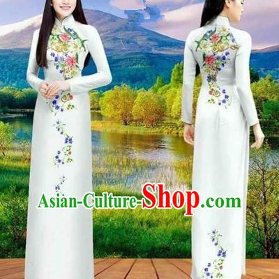 Traditional Top Grade Asian Vietnamese Costumes Classical Double-sided Printing Cheongsam, Vietnam National Vietnamese Princess Bride White Ao Dai Dress Dance Clothing