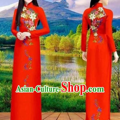 Traditional Top Grade Asian Vietnamese Costumes Classical Double-sided Printing Cheongsam, Vietnam National Vietnamese Princess Bride Red Ao Dai Dress Dance Clothing