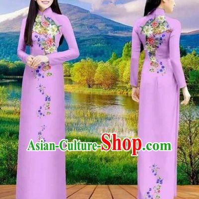 Traditional Top Grade Asian Vietnamese Costumes Classical Double-sided Printing Cheongsam, Vietnam National Vietnamese Princess Bride Purple Ao Dai Dress Dance Clothing