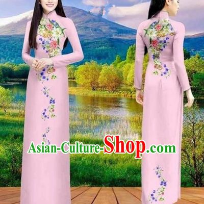 Traditional Top Grade Asian Vietnamese Costumes Classical Double-sided Printing Cheongsam, Vietnam National Vietnamese Princess Bride Pink Ao Dai Dress Dance Clothing