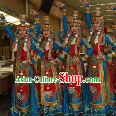 Traditional Chinese Mongol Nationality Dancing Costume, Mongols Female Folk Dance Ethnic Pleated Dress, Chinese Mongolian Minority Nationality Embroidery Clothing for Women