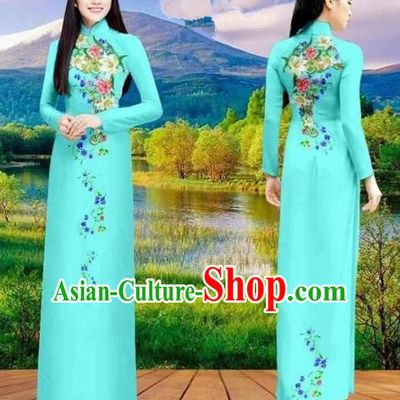 Traditional Top Grade Asian Vietnamese Costumes Classical Double-sided Printing Cheongsam, Vietnam National Vietnamese Princess Bride Blue Ao Dai Dress Dance Clothing