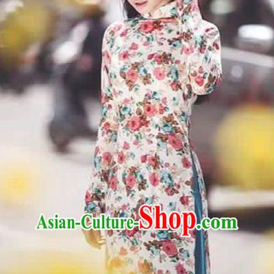 Traditional Top Grade Asian Vietnamese Costumes Classical Printing Cheongsam, Vietnam National Vietnamese Princess Bride Ao Dai Dress Dance Clothing