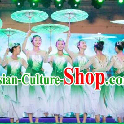 Traditional Chinese Modern Dancing Costume, Women Opening Classic Chorus Singing Group Dance Flowers Costume, Umbrella Dance Green Dress for Women