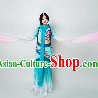 Traditional Chinese Ancient Princess Dance Costume, Women Flying Dance Water Sleeve Clothing, Umbrella Dance Blue Dress for Women