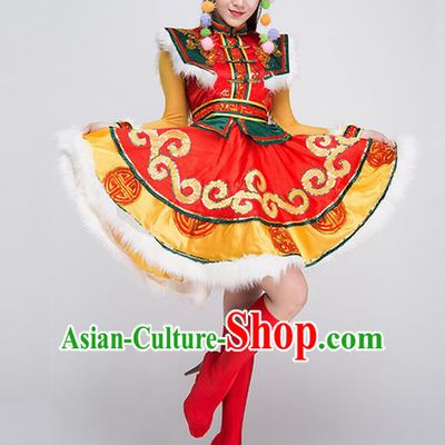 Traditional Chinese Mongol Nationality Dancing Costume, Mongols Female Ethnic Pleated Skirt, Chinese Mongolian Minority Nationality Embroidery Costume for Women