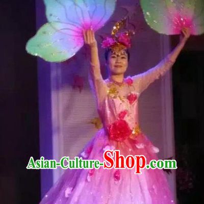 Traditional Chinese Modern Dancing Costume, Women Opening Classic Chorus Singing Group Dance Flowers Costume, Umbrella Dance Pink Bubble Dress for Women