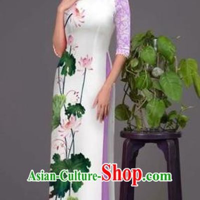 Traditional Top Grade Asian Vietnamese Costumes Classical Printing Lotus White Cheongsam, Vietnam National Vietnamese Princess Bride Korean Silk Ao Dai Dress