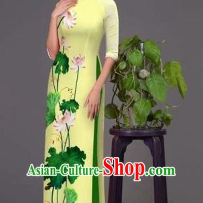 Traditional Top Grade Asian Vietnamese Costumes Classical Printing Lotus Yellow Cheongsam, Vietnam National Vietnamese Princess Bride Korean Silk Ao Dai Dress