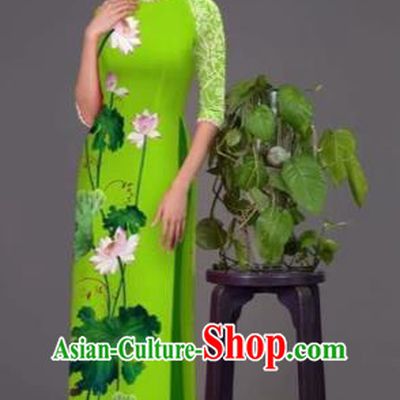 Traditional Top Grade Asian Vietnamese Costumes Classical Printing Lotus Green Cheongsam, Vietnam National Vietnamese Princess Bride Korean Silk Ao Dai Dress
