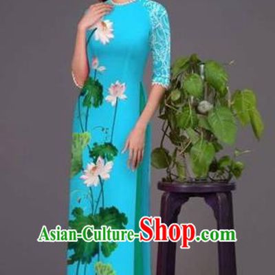 Traditional Top Grade Asian Vietnamese Costumes Classical Printing Lotus Blue Cheongsam, Vietnam National Vietnamese Princess Bride Korean Silk Ao Dai Dress