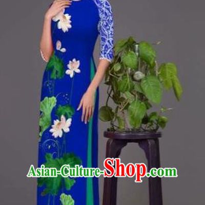 Traditional Top Grade Asian Vietnamese Costumes Classical Printing Lotus Royalblue Cheongsam, Vietnam National Vietnamese Princess Bride Korean Silk Ao Dai Dress