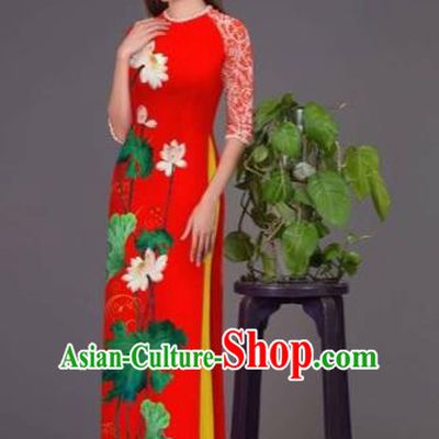 Traditional Top Grade Asian Vietnamese Costumes Classical Printing Lotus Red Cheongsam, Vietnam National Vietnamese Princess Bride Korean Silk Ao Dai Dress