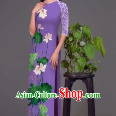 Traditional Top Grade Asian Vietnamese Costumes Classical Printing Lotus Purple Cheongsam, Vietnam National Vietnamese Princess Bride Korean Silk Ao Dai Dress