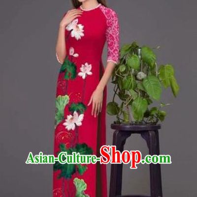 Traditional Top Grade Asian Vietnamese Costumes Classical Printing Lotus Wine Red Cheongsam, Vietnam National Vietnamese Princess Bride Korean Silk Ao Dai Dress