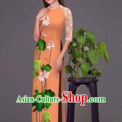 Traditional Top Grade Asian Vietnamese Costumes Classical Printing Lotus Orange Cheongsam, Vietnam National Vietnamese Princess Bride Korean Silk Ao Dai Dress